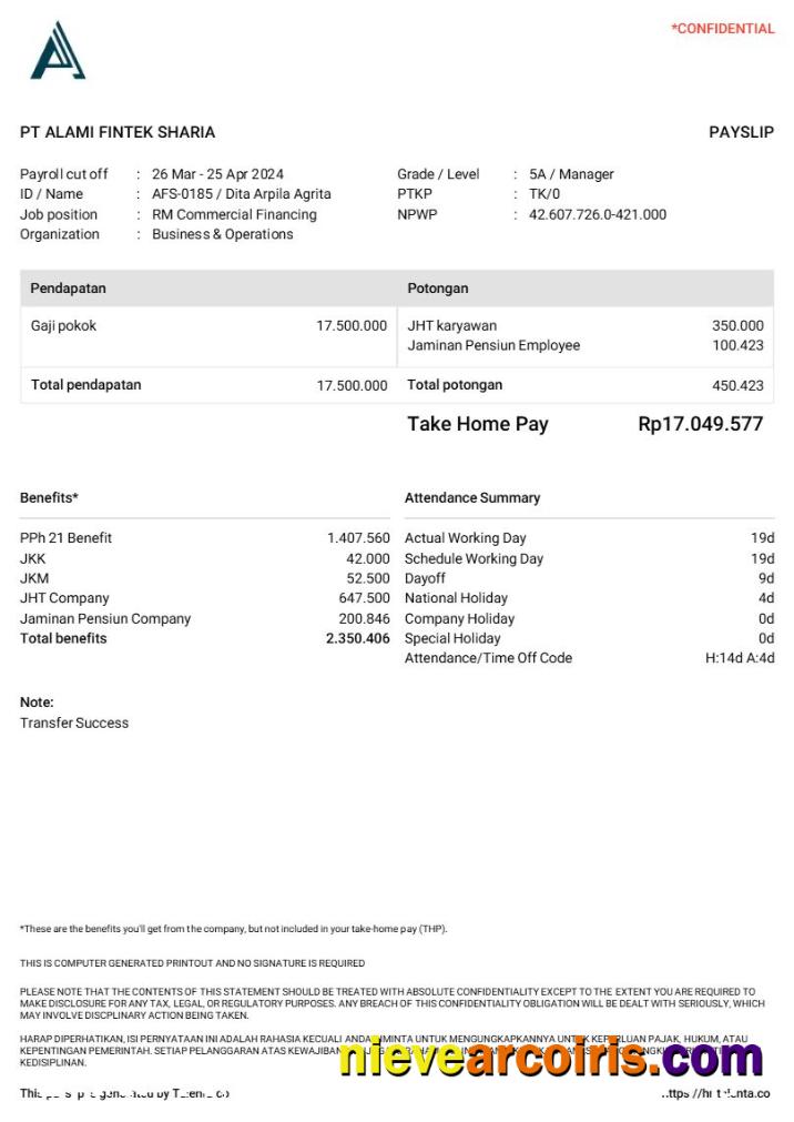 PT Alami Fintek Sharia payslip